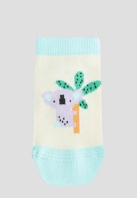 Calzino in cotone panna con rifinitura verde menta. Presenta un design con un koala e un albero, con dettagli in nero e verde.