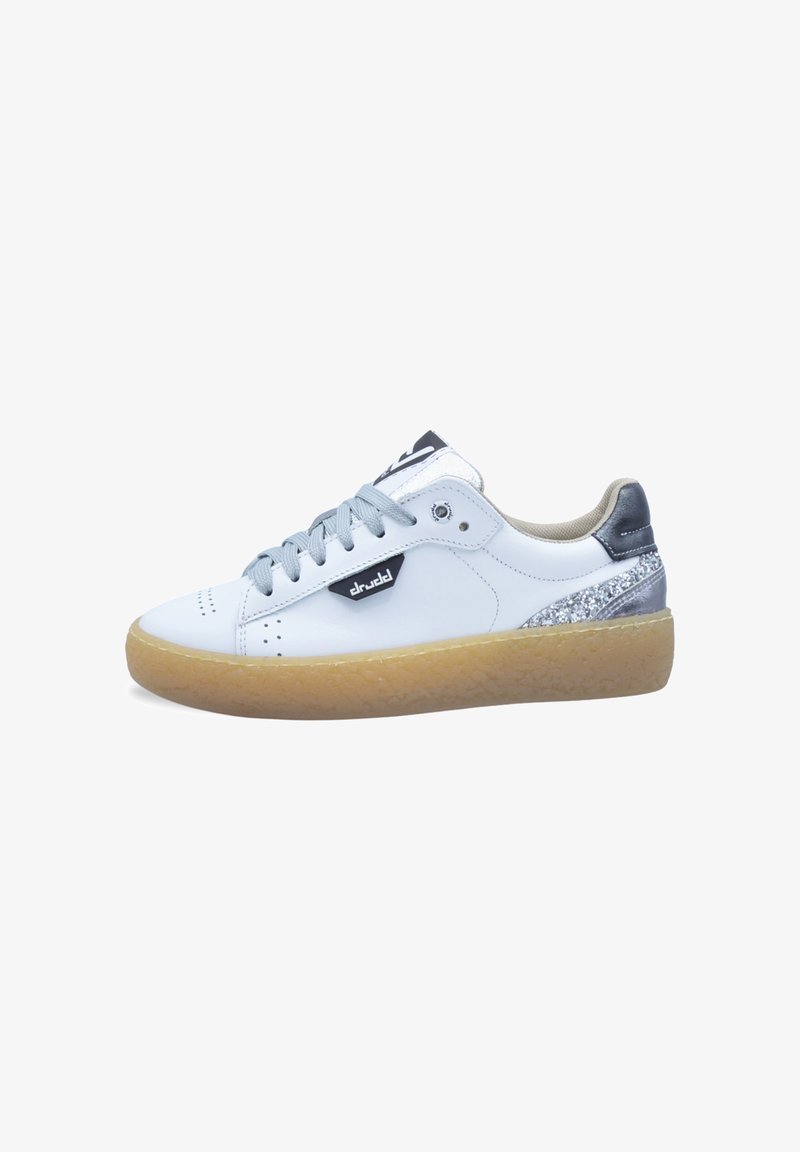 White leather sneakers with light gray laces and a gum sole. Features a silver accent at the heel and a black logo on the side.