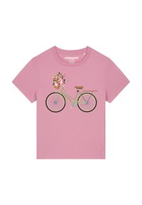 T-shirt en coton rose avec un graphisme d'un vélo vert avec un panier rempli de fleurs. Encolure ronde et manches courtes.