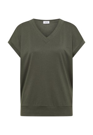 Krótkiego rękawa, oliwkowa, damska bluzka z dekoltem w serek, z mankietami na rękawach i szeroką lamówką u dołu, metka z napisem "Cecil".