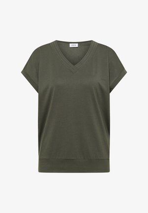 Blouse pour femme à manches courtes, col en V, de couleur vert olive, avec manches retroussées et large bande d'ourlet, étiquette indiquant "Cecil".