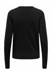 Svart, långärmad tröja med rund halsringning och en slät, texturerad stickning. Inga synliga mönster eller dekorationer.