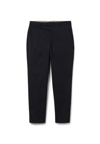 Zwarte broek van katoen, met een recht modellenontwerp, een ritssluiting en riemlussen. Soepele textuur met zijzakken.