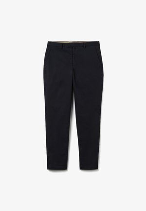 Schwarze Baumwollhosen mit geradem Bein, Reißverschluss und Gürtelschlaufen. Glatte Textur mit seitlichen Taschen.