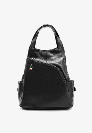 Black leather backpack with a textured surface, curved design, dual handles, and a small Italian flag accent. Two side pockets included.