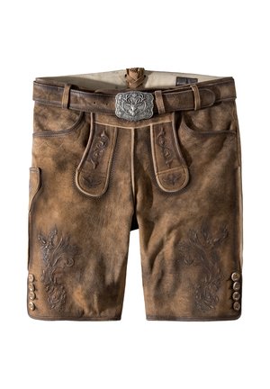 Braune Leder traditionelle bayerische Shorts mit bestickten Blumenmustern, Seitentasche, Knöpfen und einem Gürtel mit einer silbernen Schnalle mit einem Hirsch.