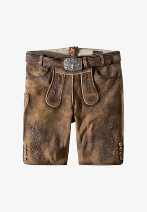 Braune Leder traditionelle bayerische Shorts mit bestickten Blumenmustern, Seitentasche, Knöpfen und einem Gürtel mit einer silbernen Schnalle mit einem Hirsch.