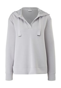 Sudadera gris claro con escote en V, cordones y una textura suave. Cuenta con un bolsillo tipo canguro y puños acanalados para mayor comodidad.