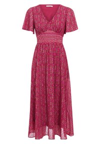 Robe maxi rose avec un motif floral géométrique, présentant des manches courtes, un décolleté en V et une taille smockée pour une silhouette ajustée.