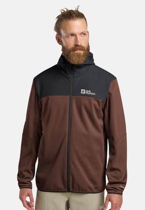 Braune und schwarze zip-up Kapuzenjacke mit glatter Textur, ausgestattet mit einem Logo auf der oberen linken Seite und einem kontrastierenden oberen Bereich.