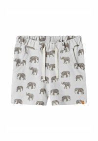 Lys grå shorts med et gjentatt elefantmønster i mørkere grå. Designet med elastisk liv og snor.