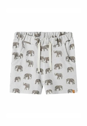 Pantaloni corti grigio chiaro con un motivo ripetuto di elefanti grigio scuro. Progettati con una vita elasticizzata e un cordino.