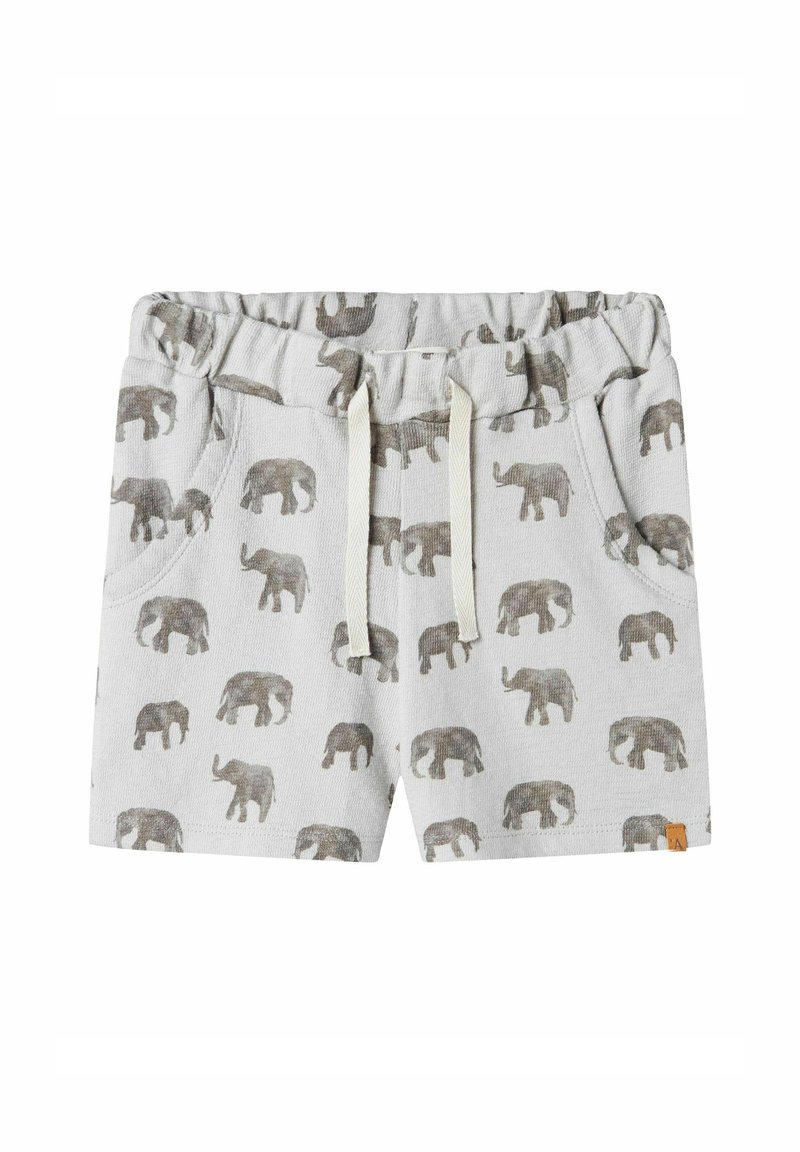 Lys grå shorts med et gjentatt elefantmønster i mørkere grå. Designet med elastisk liv og snor.