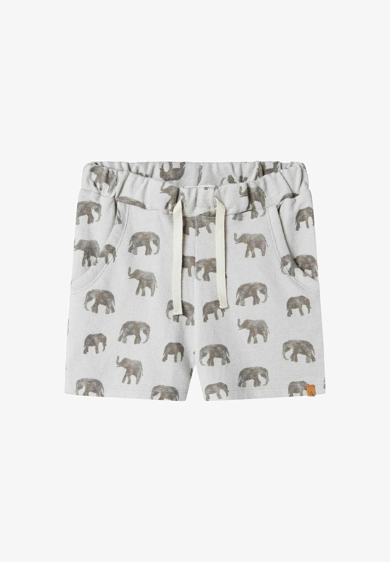 Lys grå shorts med et gjentatt elefantmønster i mørkere grå. Designet med elastisk liv og snor.