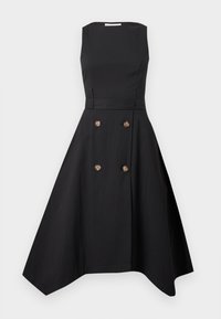 Μαύρο midi φόρεμα χωρίς μανίκια με λαιμόκοψη καραβόπανο, εφαρμοστή μέση, φαρδύ ασύμμετρο τελείωμα και δύο σειρές καφέ κουμπιά στην μπροστινή φούστα.