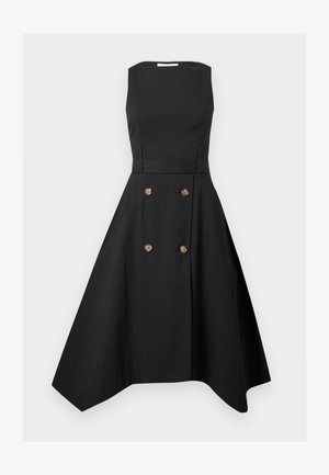Sleeveless black midi dress with boat neckline, fitted waist, flared asymmetric hem, and two rows of brown buttons on front skirt.
