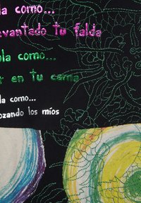 Černá látka s vyšitým španělským textem v růžové, zelené a bílé, s vyšitými zelenými květinovými vzory a barevnými kruhovými tvary ve spodní části.