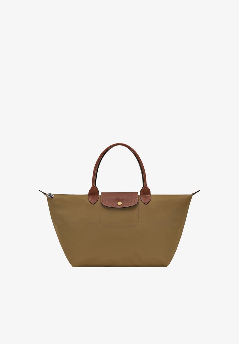Medium brown tote bag with darker brown leather handles and flap, gold snap button, and zipper closure on top.