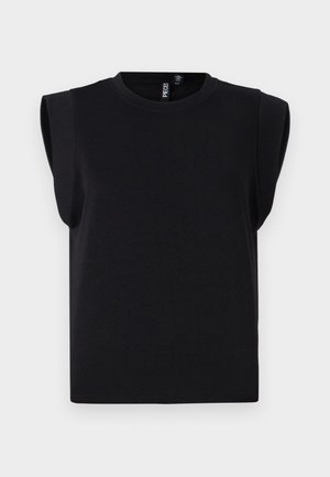 Must värvitud lühikeste varrukatega ja ümarate kaelustega lühike puuvillane T-särk laia õlavarre aksendiga. Sile tekstuur, minimalistlik disain.