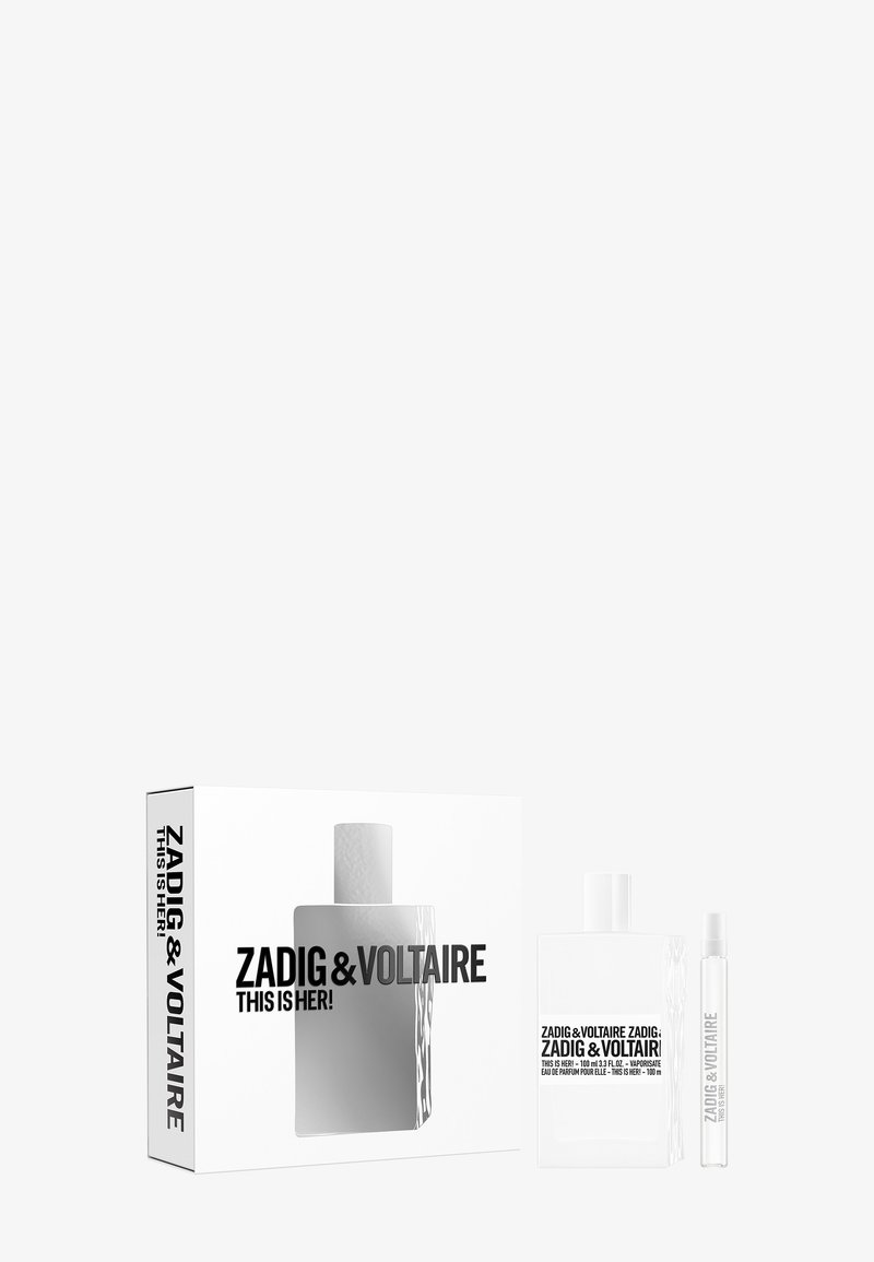 Zadig & Voltaire This Is Her parfumset met een fles van 100 ml, een klein sprayflesje en wit merkverpakking.