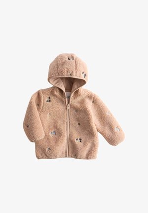 Chaqueta de forro polar en rosa pálido, con capucha y cremallera frontal. Acentos florales bordados en azul y verde por todo el tejido.