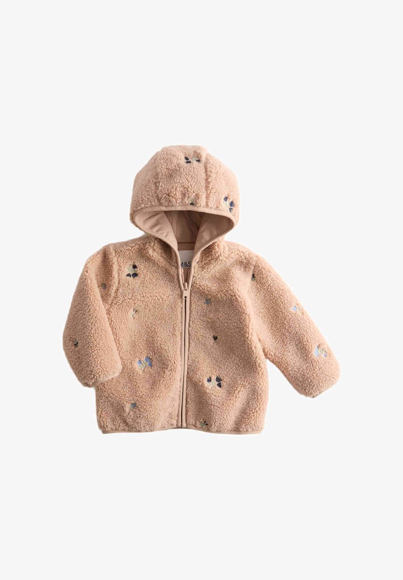 Fleecejakke i lyserød med hætte og frontlynlås. Broderede blomsterdetaljer i blåt og grønt over hele stoffet.