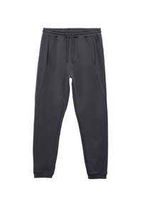 Donkergrijze joggingbroek met een elastische tailleband, koordje, twee zijzakken en geribbelde boorden bij de enkels. Gladde textuur, casual ontwerp.