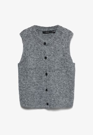 Grijs gebreid mouwloos vest met een zachte textuur, voorzien van een ronde halslijn en zes zwarte knopen aan de voorkant.