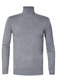 Pull à col roulé gris à manches longues, avec poignets et ourlet côtelés. Texture douce et lisse ; coupe ajustée. Style minimaliste sans motifs.