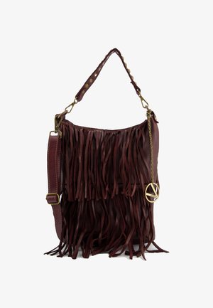 Bordeaux leren tas met franjes, enkele schouderriem en goudkleurige hardware. Voorzien van een decoratieve hanger aan de zijkant.
