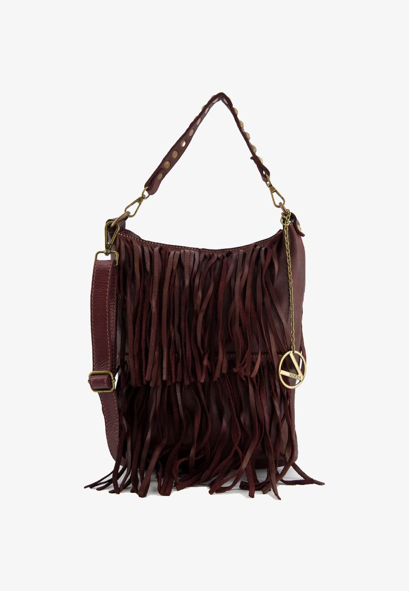 Maroon leather bag with fringed texture, single shoulder strap, and gold-tone hardware. Features a decorative pendant attached to the side.