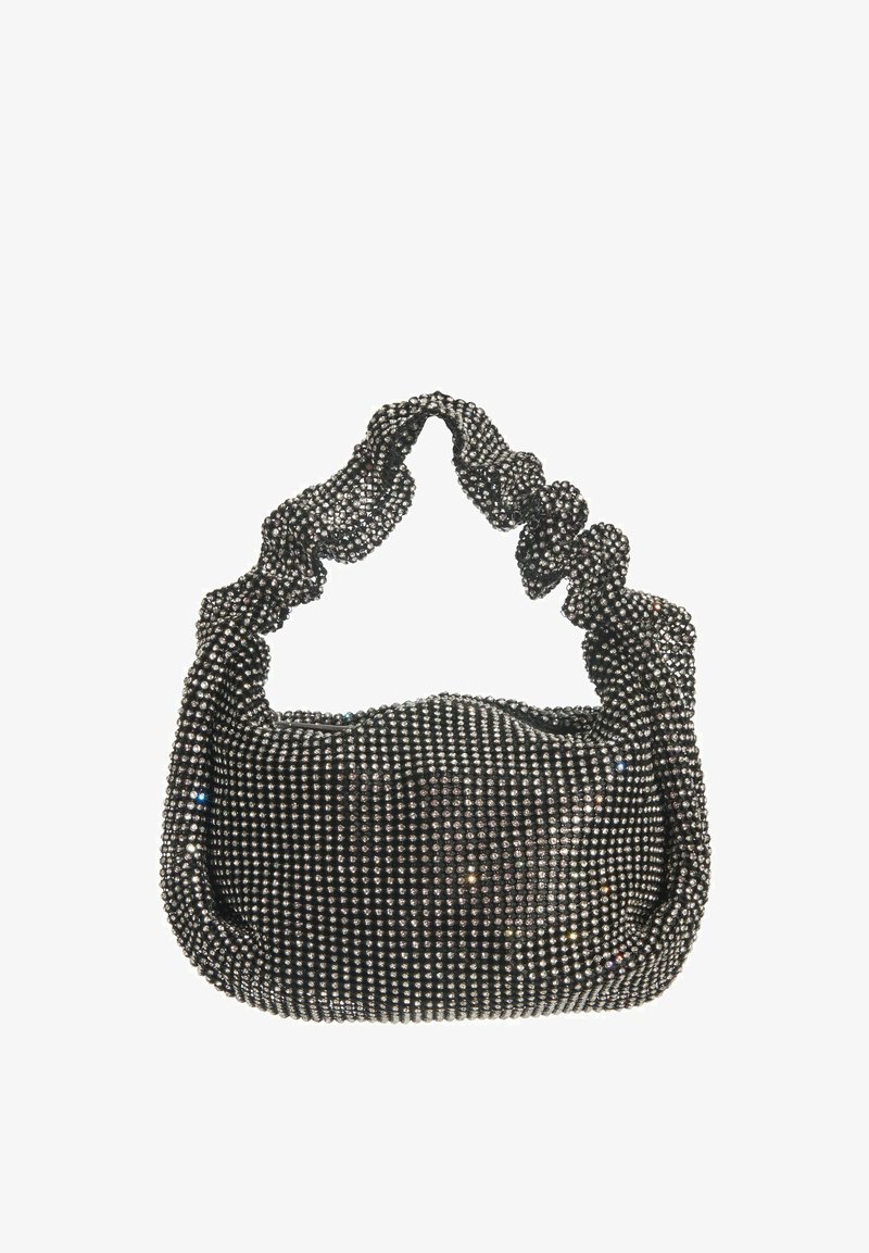Sac à main noir recouvert de sequins, avec une poignée texturée et froncée, d'une forme arrondie et d'un corps doux et rembourré.