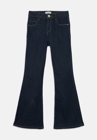 Σκούρες μπλε καμπάνα τζιν φτιαγμένα από τζιν ύφασμα, με πέντε τσέπες, κλείσιμο με κουμπί μπροστά και αντίθετες ραφές.