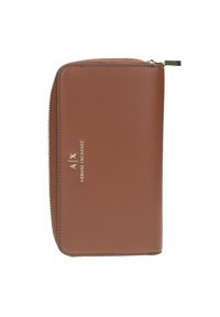 Portafoglio in pelle marrone con chiusura a zip, con stampa logo dorata "A|X ARMANI EXCHANGE" sul davanti e texture liscia.