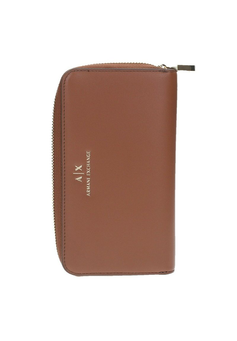 Portafoglio in pelle marrone con chiusura a zip, con stampa logo dorata "A|X ARMANI EXCHANGE" sul davanti e texture liscia.