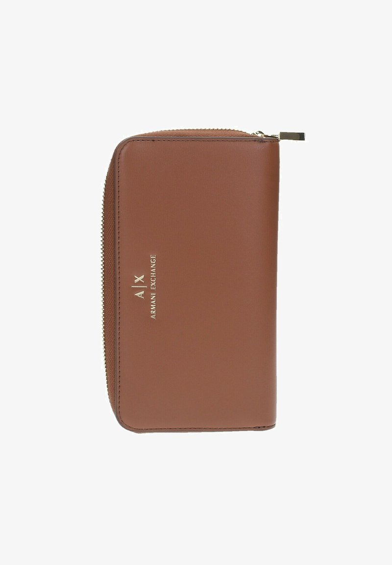 Portafoglio in pelle marrone con chiusura a zip, con stampa logo dorata "A|X ARMANI EXCHANGE" sul davanti e texture liscia.