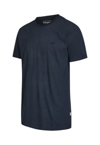 Navyblaue T-Shirt mit kurzen Ärmeln aus weicher, biologischer Baumwolle. Verfügt über einen Rundhalsausschnitt und ein kleines gesticktes Logo auf der Brust.
