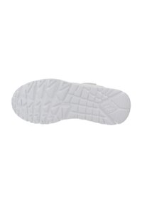 Suela de zapato atlético blanca con una superficie de agarre texturizada y con patrones; incluye surcos y áreas elevadas para mayor tracción. Diseño de punta redondeada.