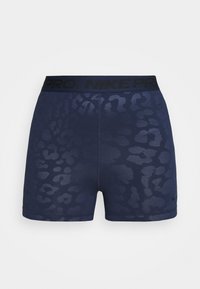 Tmavě modré sportovní šortky s jemným leopardím vzorem, elastický pás s nápisem "NIKE PRO", měkký strečový materiál.