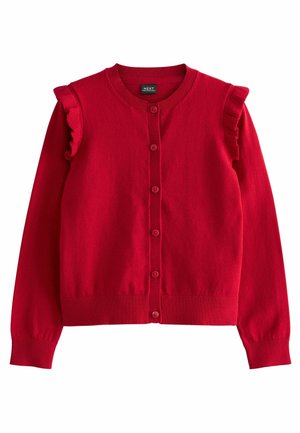 Roter Cardigan aus weichem Strickstoff mit Knopfverschluss, gerippten Bündchen und gerafften Akzenten an den Schultern.