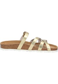 Sandali metallici dorati con tre cinturini incrociati, plantare in sughero e suola in gomma bianca. Progettati per il comfort e la stabilità nel tempo libero.