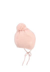 Pink knitted baby hat with ear flaps, pom-pom on top, and tied chin straps, isolated on white background.