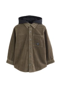 Chemise en velours côtelé vert olive avec un sweat à capuche noir. Comprend un col, des boutons sur le devant et une poche poitrine avec une petite étiquette. Tissu texturé.