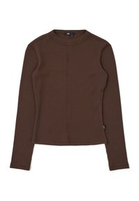 Brown long-sleeve waffle knit top with crew neck, slim fit, and small brand tag on the left side seam.