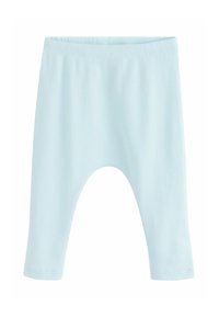 Leggings pour bébé en bleu clair côtelé avec une taille élastique et une coupe décontractée. Le tissu est doux et lisse, présentant un motif à rayures verticales.