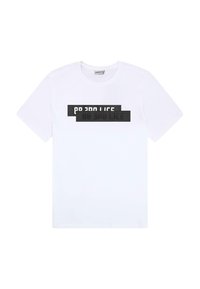 Witte katoenen T-shirt met korte mouwen, voorzien van een zwart grafisch ontwerp in gelaagde tekst op de voorkant. Ronde halslijn, standaard pasvorm.