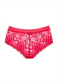 Sarkanas mežģīņu biksītes ar ziedu rakstu, viļņotām malām un mazu centrālo loku. Caurspīdīga tekstūra ar sarežģītu dizainu.