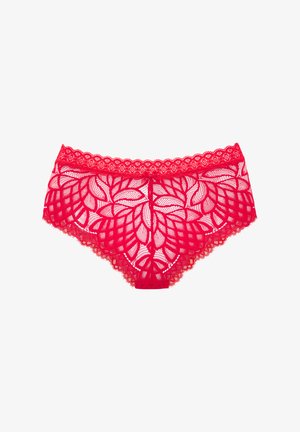 Braguitas rojas de encaje con un patrón floral, bordes con forma de ondas y un pequeño lazo central. Textura transparente con un diseño intrincado.