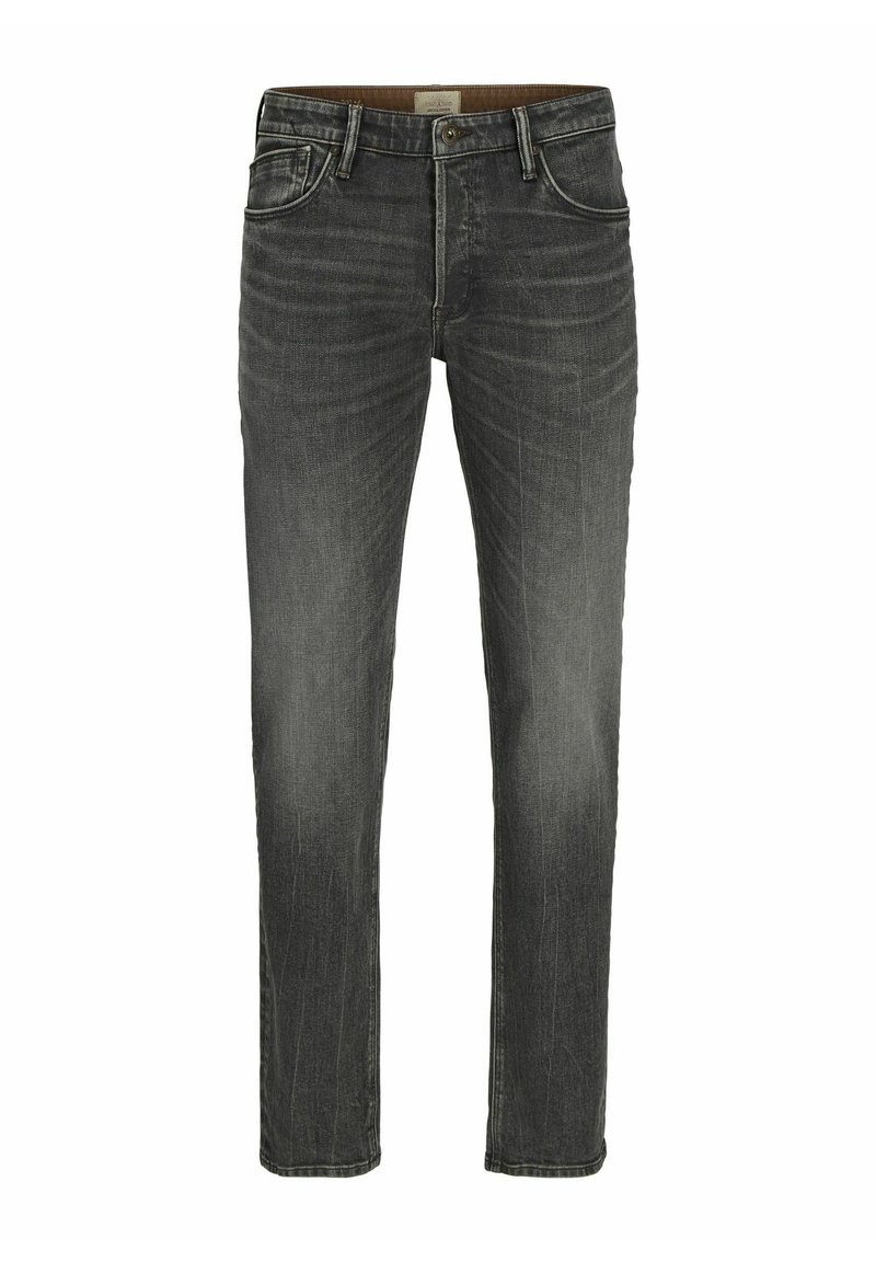 Jeans de mezclilla gris oscuro con corte recto, que presentan un ligero desgaste y sutiles marcas de uso, diseño estándar de cinco bolsillos y etiqueta en la cintura.