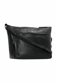 Borsa a tracolla nera in pelle con finitura texture, tracolla regolabile, tasca frontale con zip e accessori in hardware dorato.